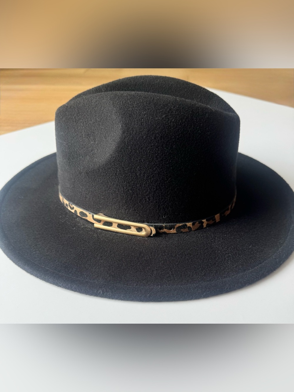 Mud Pie Black Fedora Leopard Band Gold Hardware Wide Brim Hat OS